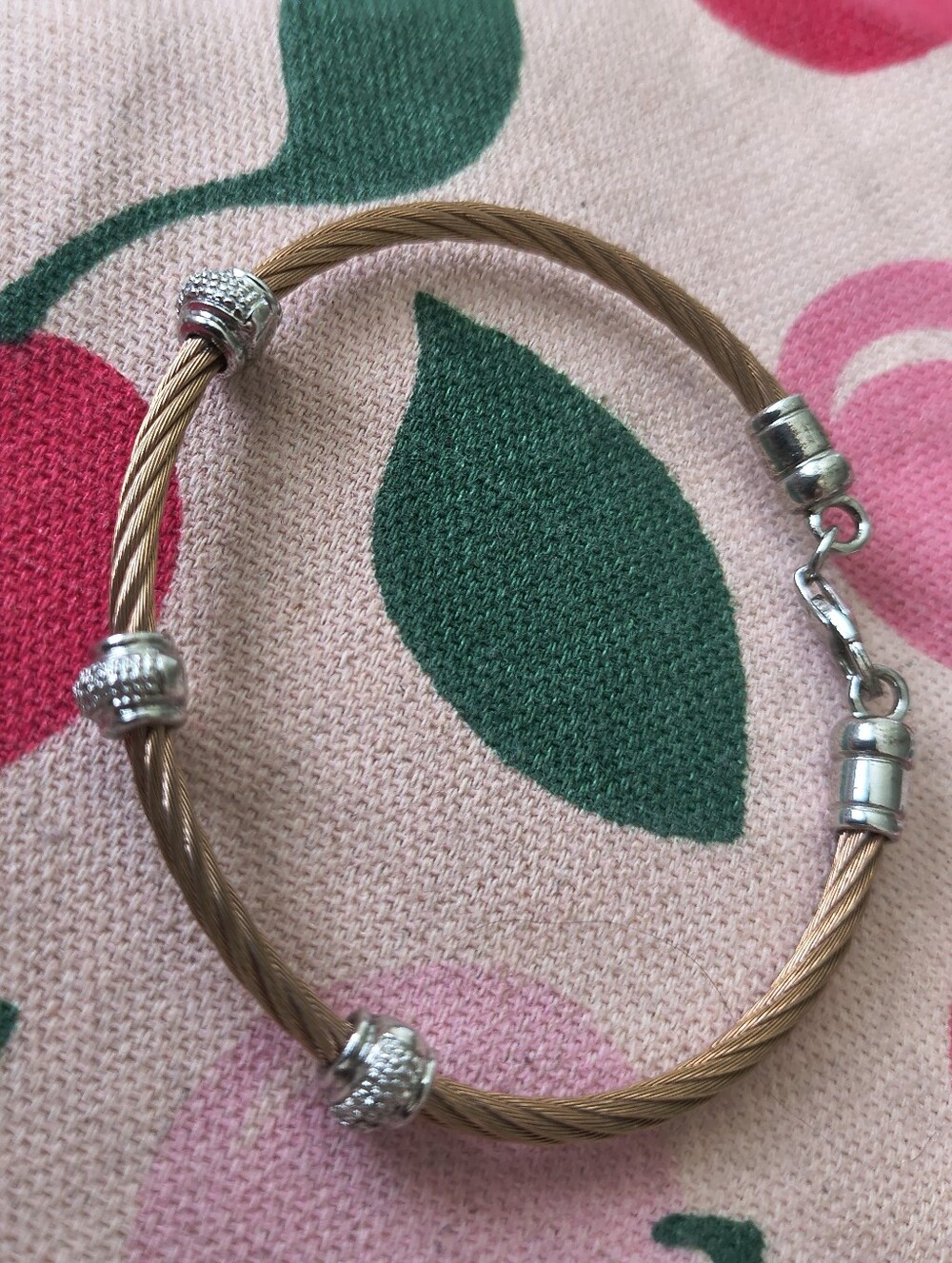 Sterling Silver Rose GoldTone Stainless Steel Cable Diamond Pave Accent Bracelet